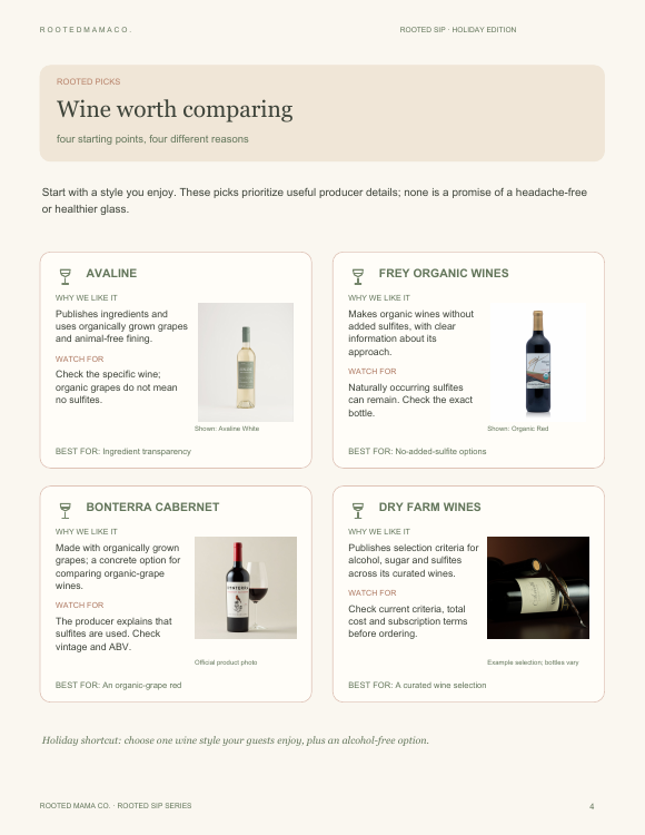 Wine comparison page with four product photos and practical label notes
